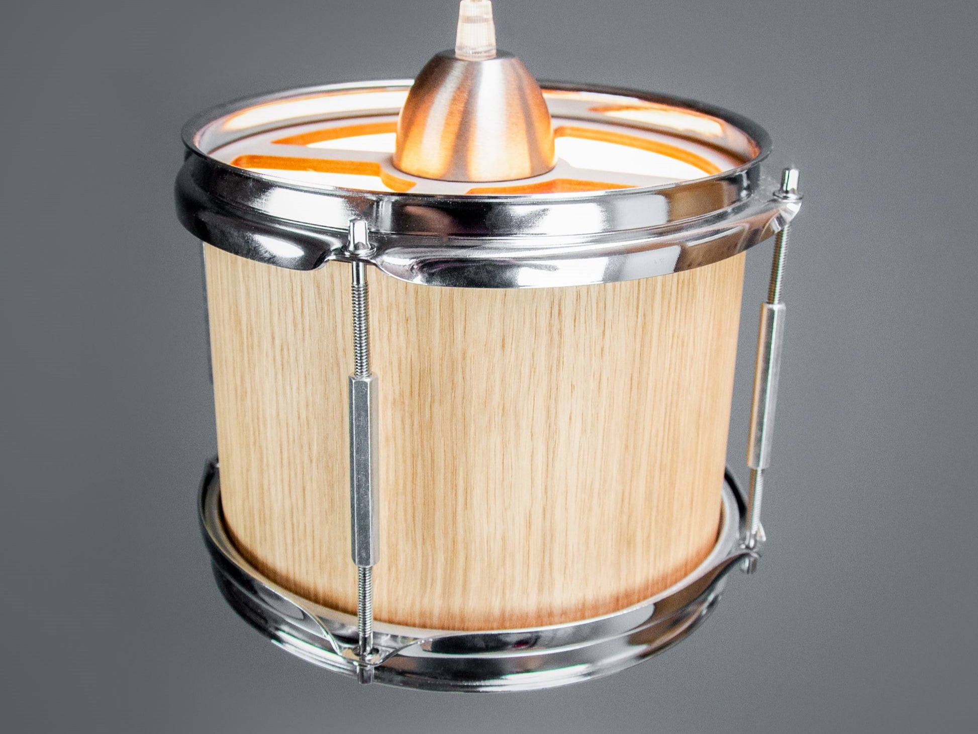 Top view of a Pendant light made from a drum, finished with a light oak veneer