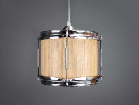 Pendant light made from a drum, finished with a light oak veneer