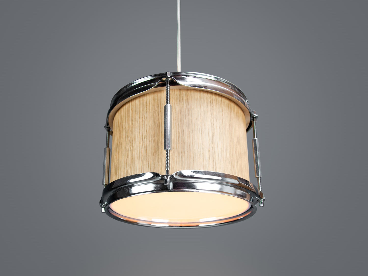 Middle-bottom view of a Pendant light made from a drum, finished with a light oak veneer