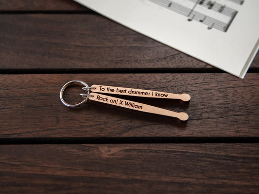 drumsticks keychain made from maple wood, with personalized engraving